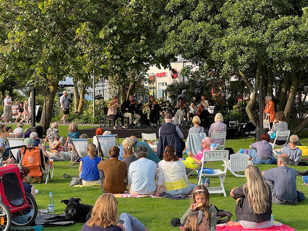 Zuschauende sitzen auf Picknickdecken auf einer Wiese und schauen fünf Musikerinnen mit Streichinstrumenten zu.